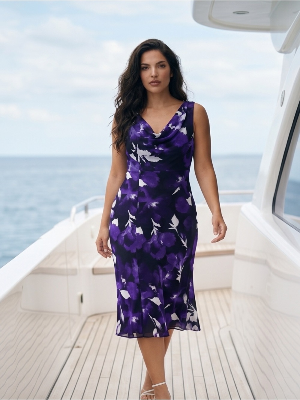 Jacques Vert Purple Floral Cowl Neck Occasion Dress Size 16